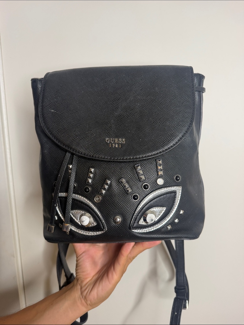 GUESS Black Mini Backpack with Silver Appliqué and Studs